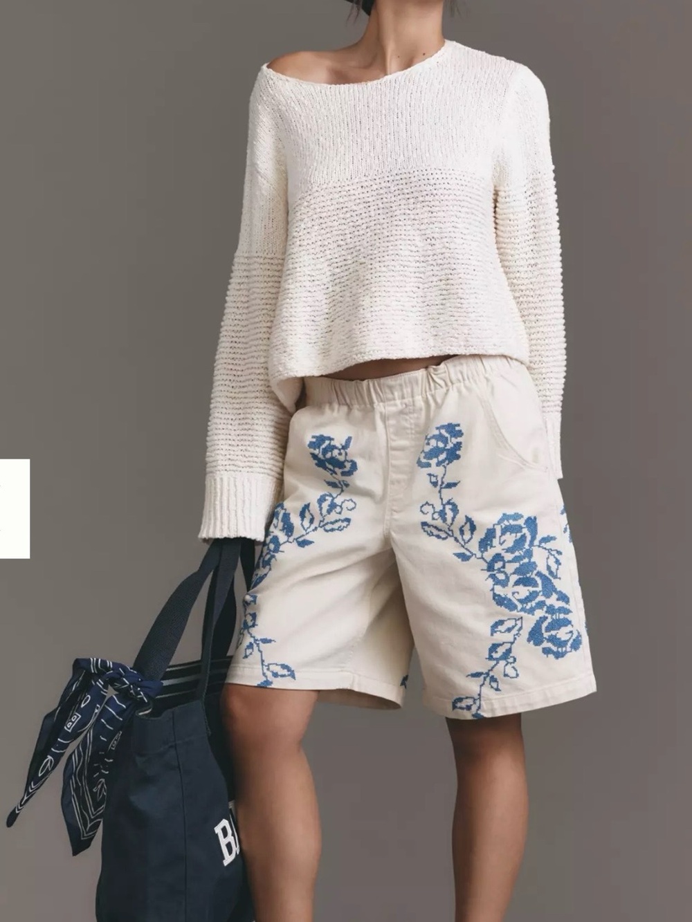 Pilcro Cream Cotton Shorts with Blue Floral Embroidery